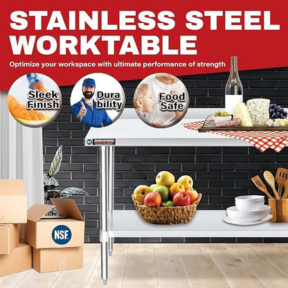DuraSteel NSF Stainless Steel Table - 24 x 48 Inch Metal Work Table w/Undershelf - Commercial Kitchen, Restaurant, Garage, Laundry - Outdoor Stainless Steel Prep Tables Countertop Island Grill Small