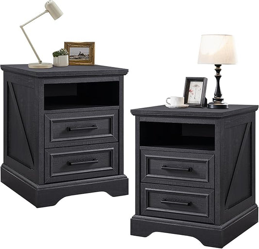 ACCOHOHO 18" Farmhouse Nightstand Set of 2 with Charging Station,End Table with 2 Drawers Storage,Side Table,Bedside Cabinet for Bedroom,Living Room, Black