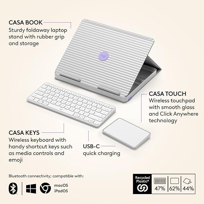 Logitech Casa Pop Up Desk Kit - Adjustable Laptop Stand for Desk, Wireless Keyboard & Touchpad, Bluetooth, USB C Charging, Nordic Calm, Tan/Purpl