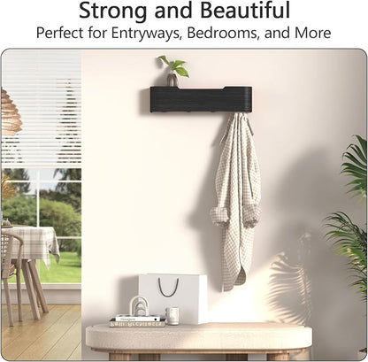 Coat Rack Wall Mount with Hidden Hooks Modern Key Holder Wood Entryway Hook with Shelf for Bedroom Kitchen Hallway Bathroom Designed for Hanging Coats Hats Bags Towels Dog Leashe(Black,4 Hooks)