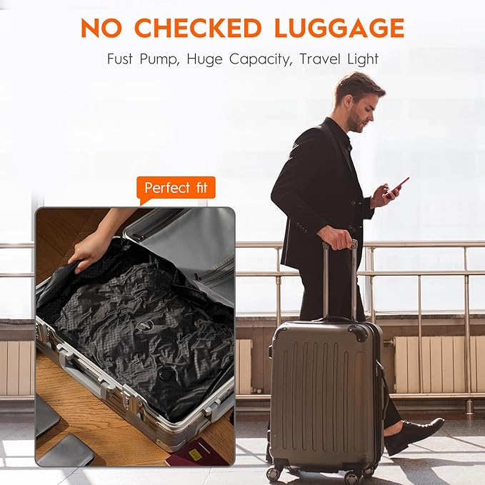 Vacuum Compression Bags with Wireless Pump – Space Saver Compression Bags for Luggage, No Checked Baggage, Triple Your Luggage Space, IP68, Reusable, Fits 20/24/28 Inch Suitcase (No Tracker)