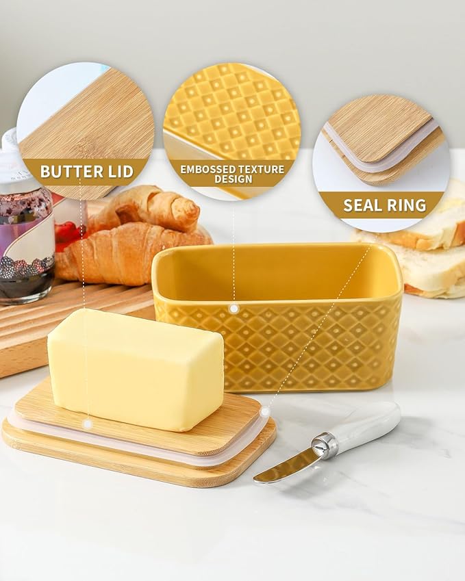 Hasense Ceramic Butter Dish with Sealing Lid, Large Yellow Butter Container for Countertop Airtight Butter Stick Covered Keeper Storage,Embossed Pattern,Easy Clean Dishwasher Safe