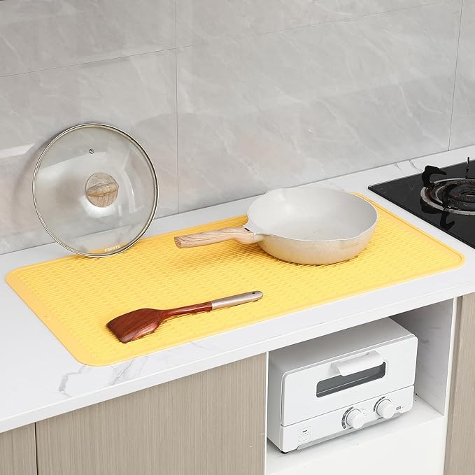 Silicone Dish Drying Mat for Multiple Usage,Easy clean,Eco-friendly,Heat-resistant Silicone Mat for Kitchen Counter or Sink,Refrigerator or Drawer Liner Yellow 5XL 36inches x 18inches