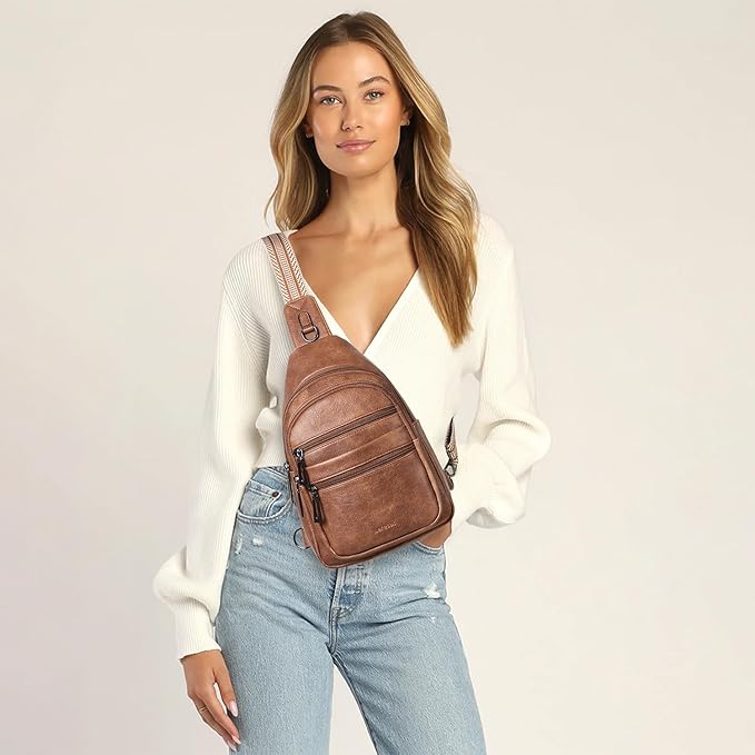 Sling Bag for Women Crossbody Bags Fanny Packs Over Shoulder Bag Sling Purse Backpack Vegan Leather Travel Brown