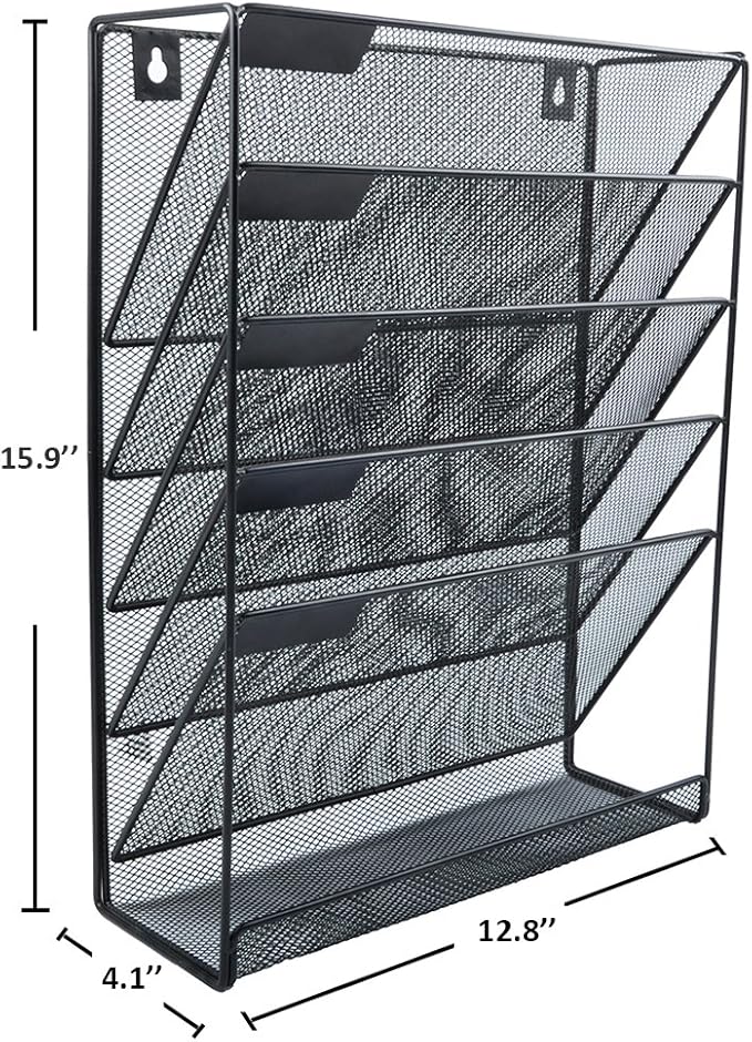 EASEPRES Hanging File Holder Organizer, 6 Tier Mesh Metal Wall Mount Document Letter Tray Organizer for Office Home, Black