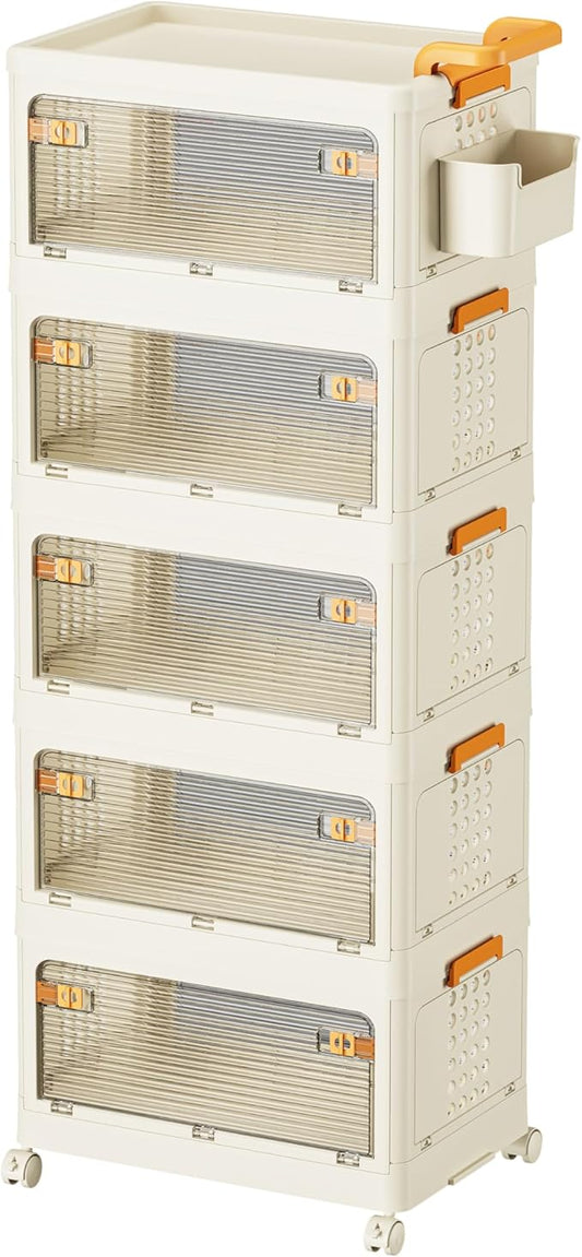 58 QT Stackable Storage Bins with Lids, Rolling Storage Cart with Clear Doors, 5 Tier Storage Utility Cart Drawer, Foldable Storage Cabinet Containers for Home, Office, Kitchen, Bedroom, White