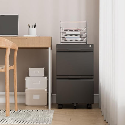 2 Drawer File Cabinet with Lock,Rolling Vertical File Cabinets for Home Office,Small Metal Filing Cabinet Office Drawers Under Desk for A4-Size/Letter-Size/Legal-Size- Assembly Required/Black