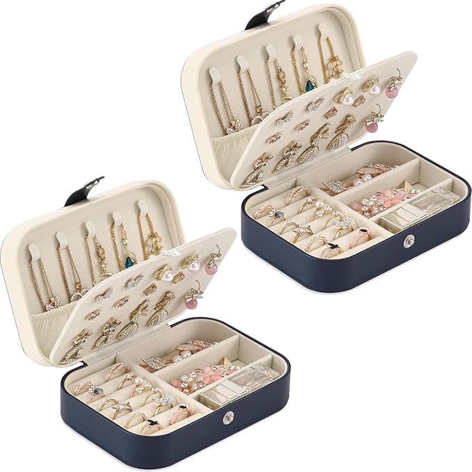 Travel Jewelry Box, PU leather Small Jewelry Organizer For Female Girls, double layer portable mini travel case for storing earrings, rings, necklaces.(Dark Blue 2pcs)