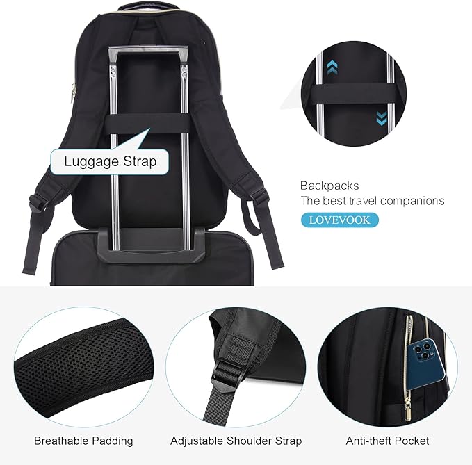 LOVEVOOK Laptop Backpack for Women, Stylish Quilted Backpacks Purse for Business Work Travel, Computer Bags Bag, with USB Port fits 15.6-inch Laptop, Black