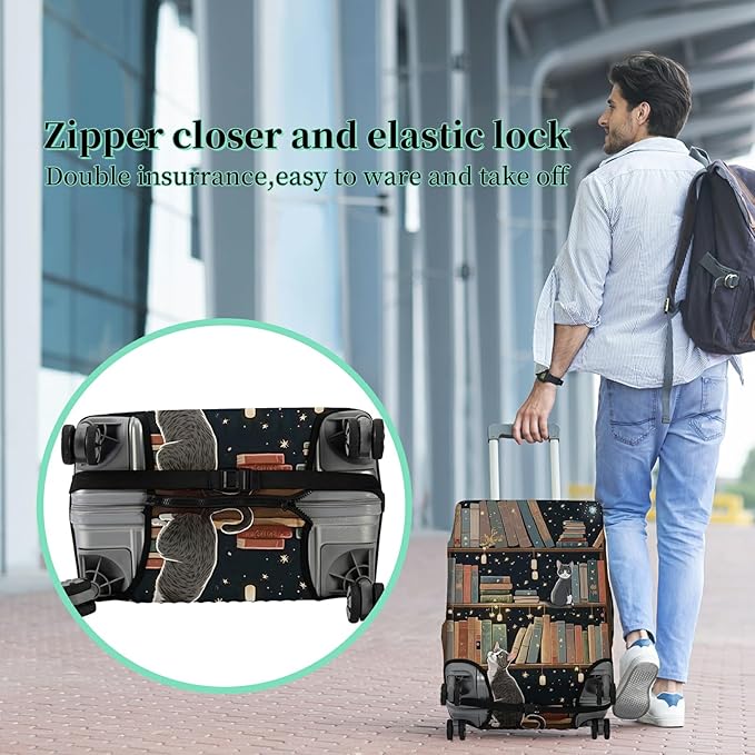 Luggage Cover Suitcase Protector Plus 1 Luggage Tag, Cat Library Travel Suitcase Cover for 26-28 inch Luggage (L) with Concealed Zipper Washable Elastic Cloth Dustproof Anti-Scratch