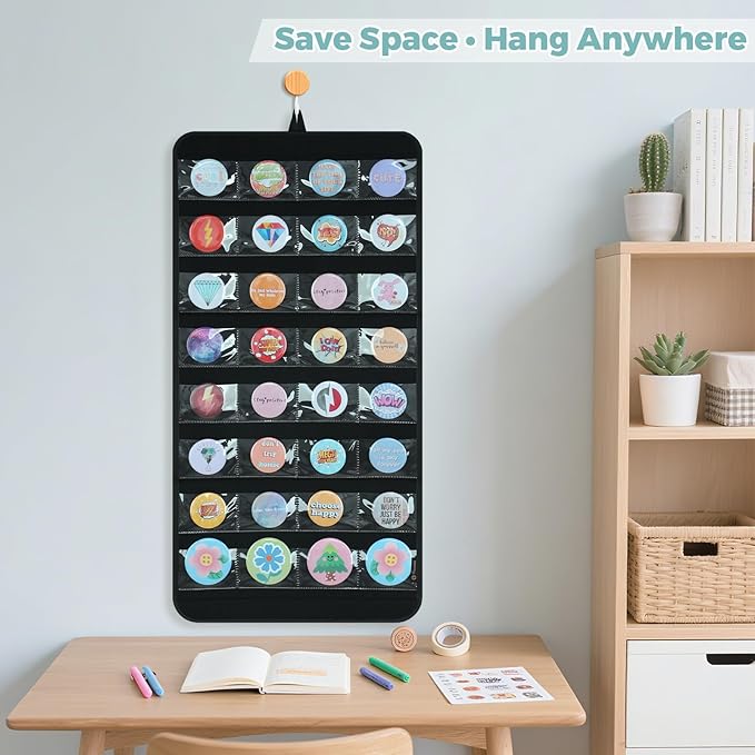 PACMAXI Hanging Badge Button Pin Organizer Display Storage Stand, Enamel Mini Button Pins Display Holder, Hold Up To 32 Pins. (Black-32 Pockets)