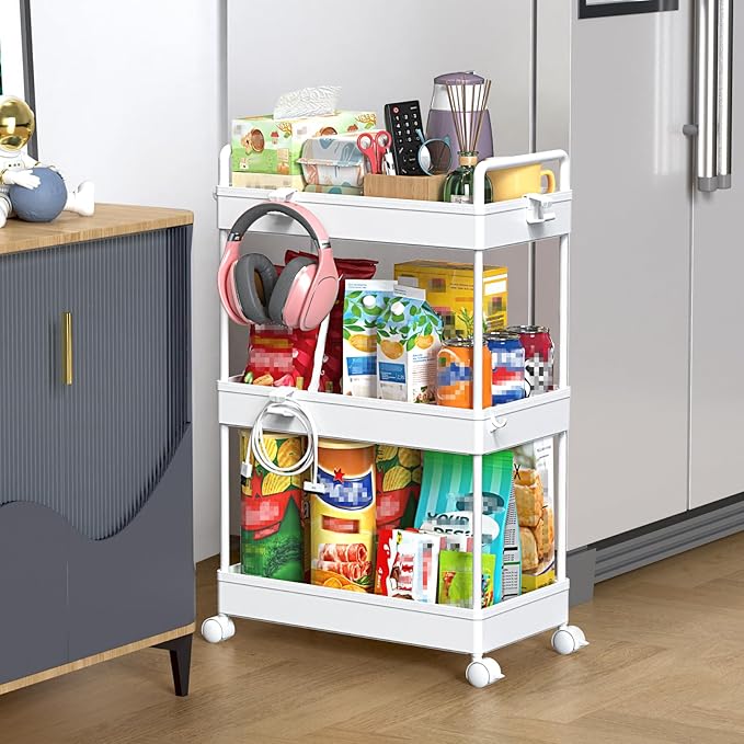 SOLEJAZZ 3 Tier Rolling Storage Cart with Wheels Slim Craft Nail Makeup Snack Art Baby Utility Cart Organizer on 2 Lockable Wheels for Bathroom Laundry Room Kitchen Bedside Narrow Spaces, White