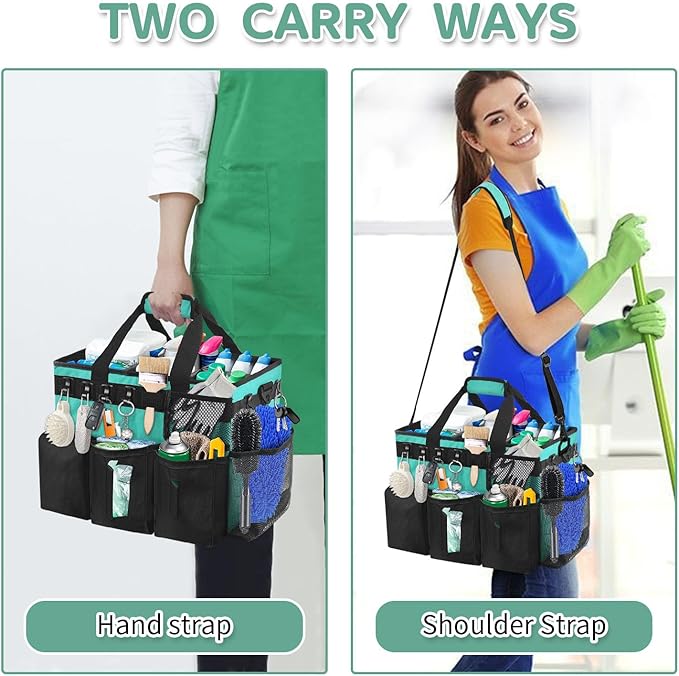 Boczif Cleaning Caddy Bag Wearable, Cleaning Caddy Supplies Organizer with Handle, Shoulder Straps & Detachable Divide, Cleaning Tool Organizers Tote Bag for Cleaners & Housekeepers (Green)