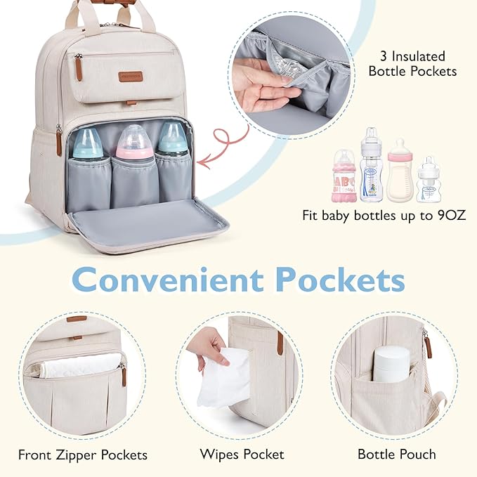 mommore Diaper Bag Backpack, Large Diaper Bag Expandable for 2 Kids/Twins, Durable Baby Bag with Changing Pad, Water Resistant Travel Diaper Backpack for Mom Dad