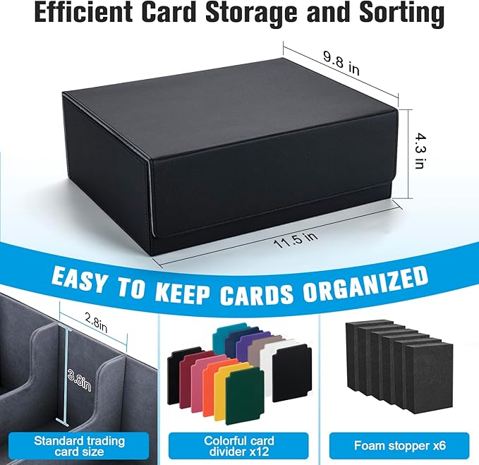 Trading Card Storage Box with 12 Dividers and 6 Foam Stoppers, Large Capacity Sturdy Leather Strong Magnetic Closure MTG Commander Deck Box, Case for TCG MTG Sport Card (Holds 1800+)