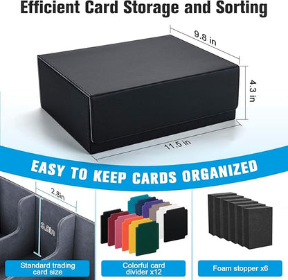 Trading Card Storage Box with 12 Dividers and 6 Foam Stoppers, Large Capacity Sturdy Leather Strong Magnetic Closure MTG Commander Deck Box, Case for TCG MTG Sport Card (Holds 1800+)