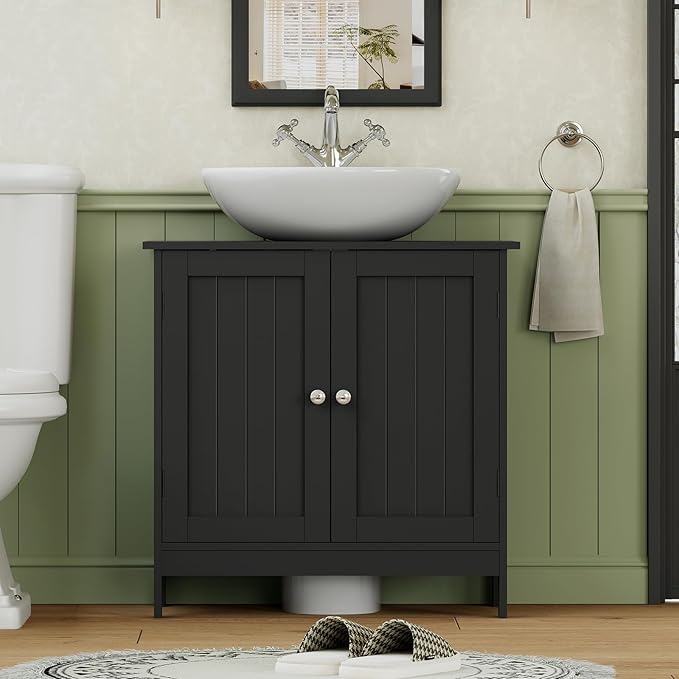 Iwell Pedestal Sink Storage Cabinet with 2 Doors and Shelf, Under Sink Cabinet, Bathroom Sink Cabinet with U-Shape, Black