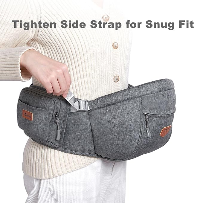 Sunveno Hip Baby Carrier with Seat,Ergonomic Baby Hip Carrier, Front-Facing Baby Holder, Anti-Slip Seat Surface, Wide and Adjustable Waistband, Multiple Pockets, Newborn to Toddler up to 45lbs, Grey