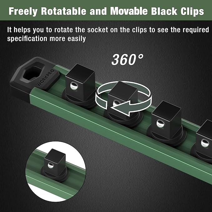 WORKPRO Magnetic Socket Organizer, 3/8-Inch Drive Aluminum Alloy Sockets Rail, Heavy Duty Sockets Holder, Socket Rack Kit 3/8-Inch x 10 Clips Green (Socket not Included)