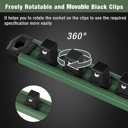 WORKPRO Magnetic Socket Organizer, 3/8-Inch Drive Aluminum Alloy Sockets Rail, Heavy Duty Sockets Holder, Socket Rack Kit 3/8-Inch x 10 Clips Green (Socket not Included)