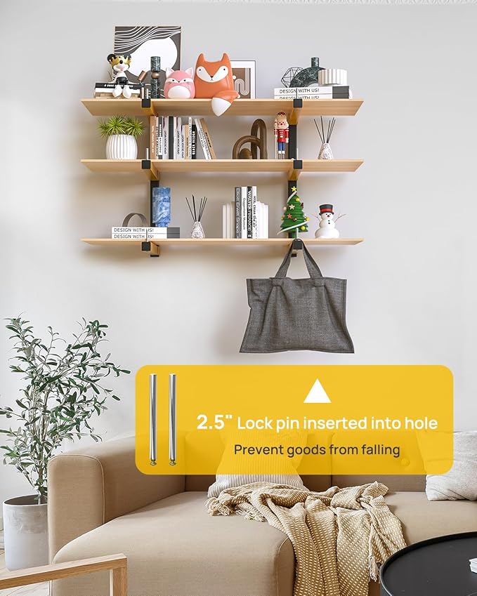 Lumber Rack Wall Mount Storage Racks Folding Wood Organizer Heavy Duty Shelf Brackets With 3-Level 360 Lbs Capacity Yellow Metal Utility Racks Garage Wall Shelving for Indoor and Outdoor Use (2 Pack)