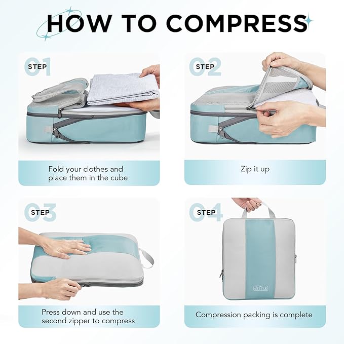 8 Set Compression Packing Cubes for Travel Essentials,Compressible Expandable Packing Cubes for Suitcase,OlarHike Luggage Organizer Bags for Travel,Handy Helper for Organizing Clothes(Blue Gray)