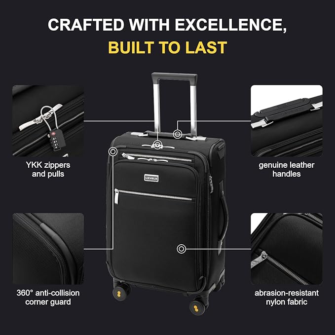 LEVEL8 Carry On Luggage with Compartment, 20 Inch Softside Expandable Travel Rolling Suitcase with Spinner Wheels, Tsa Locks, Men and Women, Black