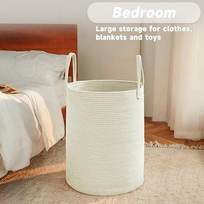 Large Woven Laundry Basket Hamper,80L Cotton Rope Storage Bin for Blankets,Toys and Clothes,Decorative Tall Nursery Hamper for Living Room,Baby Nursery,Bathroom and Bedroom,White