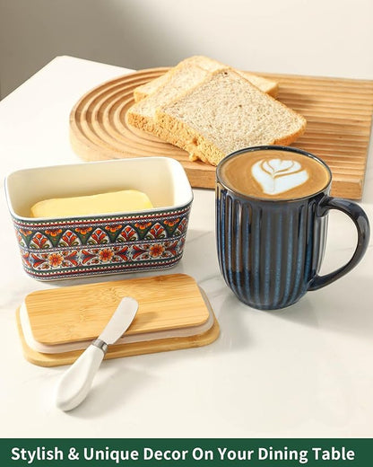 Hasense Bohemian Butter Dish, Farmhouse Ceramic Butter Dish with Lid for Fridge, Butter Container Holder with Cover or Fridge,Silicone Sealing, Holds Two Sticks of Butter, Green