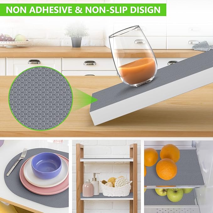 Shelf Liners for Kitchen Cabinets Refrigerator Liners Waterproof & Oil-Proof Kitchen Cupboard Liner Non-Slip Drawer Mats Non Adhesive Fridge Liner for Shelves - Grey 23.6 x 393.7 Inches