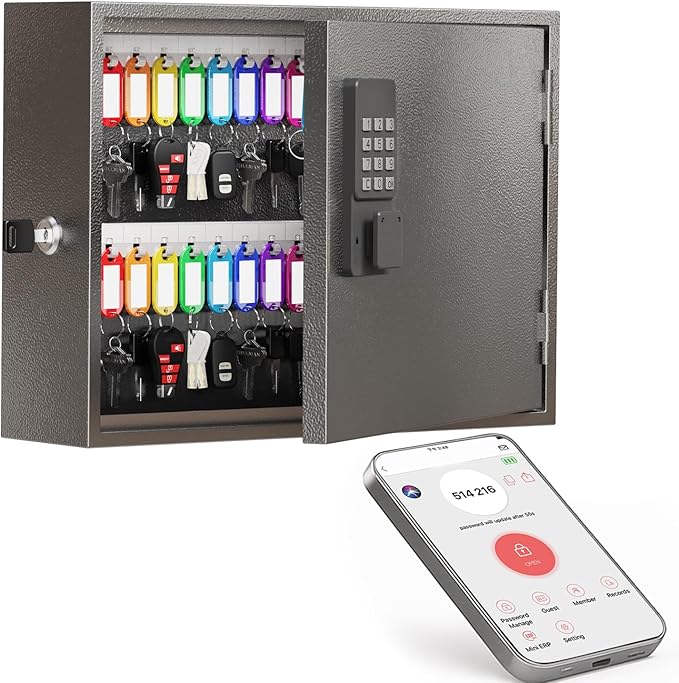 WeHere Smart Key Lock Box, Wall Mounted Key Cabinet with 60 Key Tags, Bluetooth App Control, OTP & Password Unlock, Wi-Fi Remote Unlock (Bridge Required), Steel Key Safe for Office Home Business