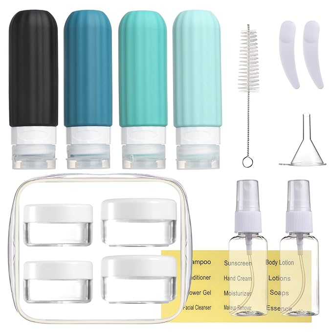16 Pack Travel Bottles Set - Leakproof Silicone Containers, TSA Approved, Squeezable Refillable 3oz for Shampoo, Conditioner, Lotion