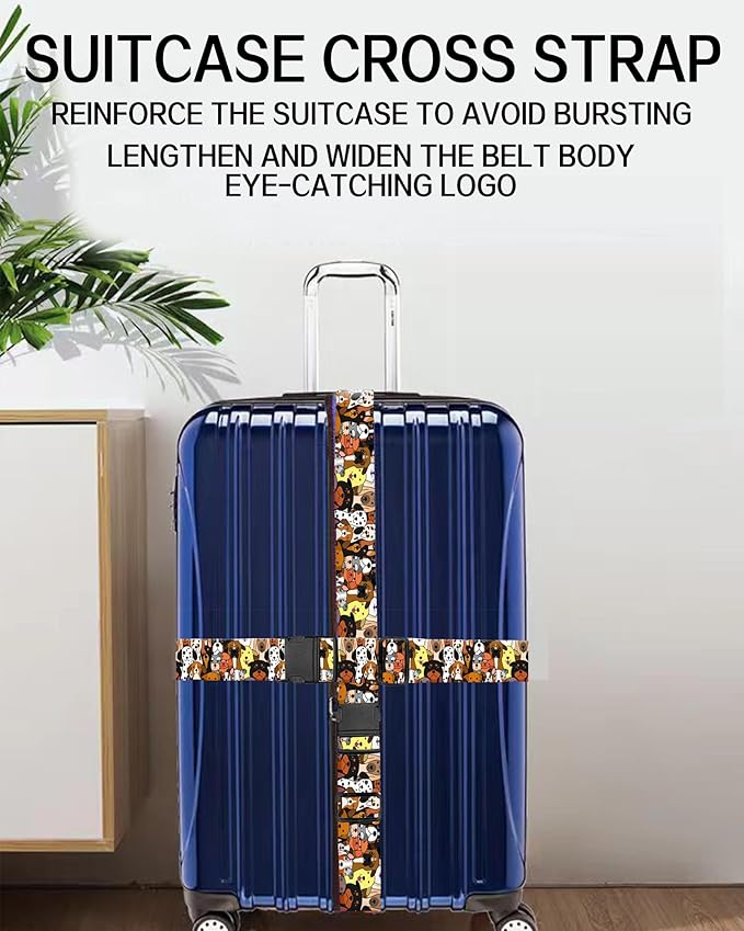 Luggage Straps for Suitcases, Adjustable Travel Belt, Durable Wide Luggage Strap, Cute Suitcase Strap Identifiers with Buckle, Bag Straps for Luggage, Cute Colorful Dogs