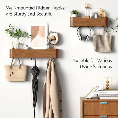 Coat Rack Wall Mount with Hidden Hooks Modern Key Holder Wood Entryway Hook with Shelf for Bedroom Kitchen Hallway Bathroom Designed for Hanging Coats Hats Bags Towel Dog Leashe(Walnut,4 Hooks)