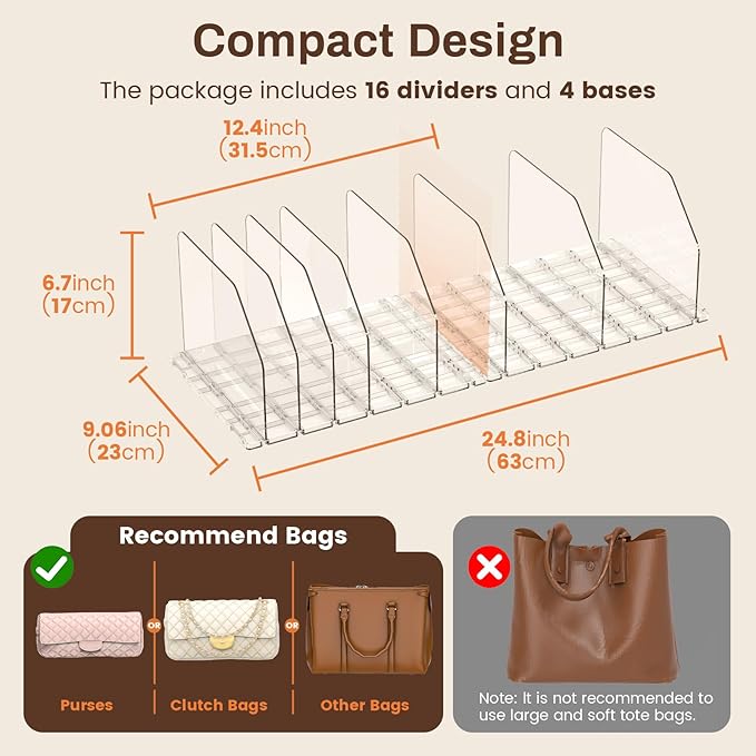 Purse Organizer for Closet, Adjustable Clear Handbag Storage Holder, Acrylic Purse Organizer for Closet Organization, Shelf Divider, Perfect for Bedroom, Living Room, Home