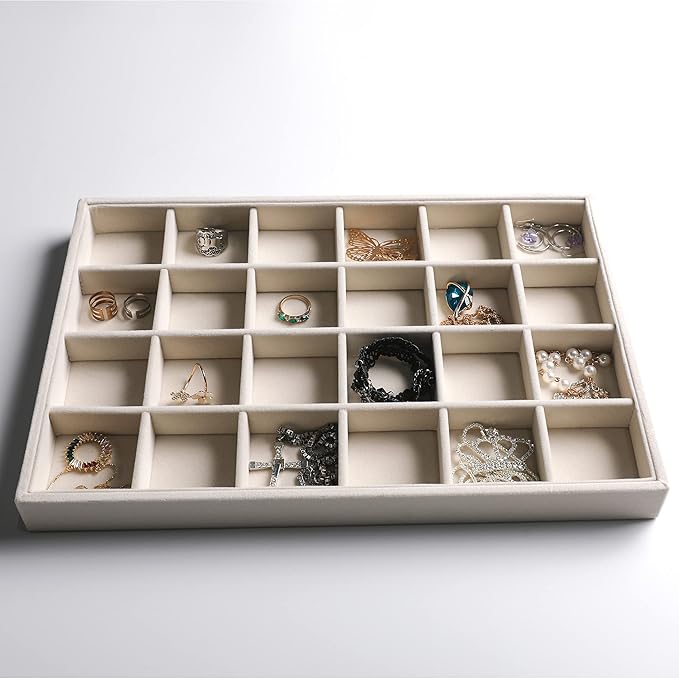 Frebeauty Stackable Velvet Jewelry Organizer Trays for Drawers Inserts Jewelry Storage Tray Display Case, Stud Earrings Bracelets Necklace Rings Accessories Trays for Women Girls(Set of 2 Beige)