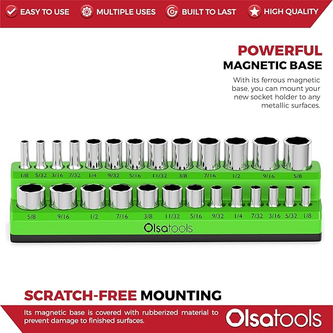 Olsa Tools Magnetic Socket Organizer | 1/4-inch Drive | SAE | Green | Holds 26 Sockets | Professional Quality Tools Organizer