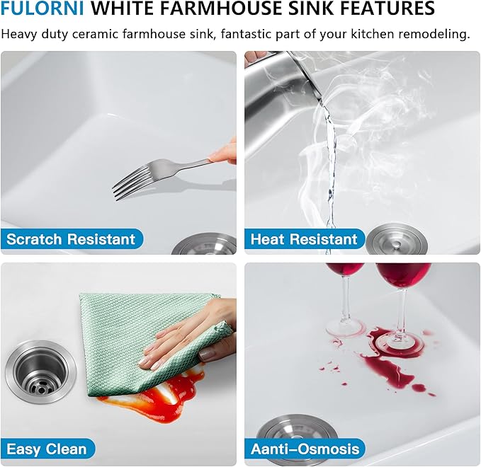 33 White Farm Sink - Fulorni 33"x20" Curved Apron Front Farmhouse Kitchen Sink Ceramic Porcelain Fireclay Single Bowl Farmer Style Basin