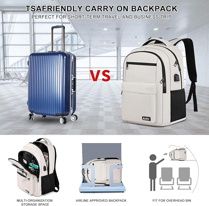 School Backpack for Teen Girls, Laptop Backpack 15.6 Inch with USB Charging Port, Sturdy Beige College Bookbag