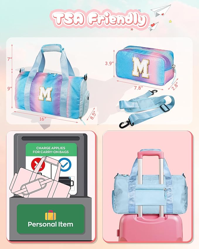 Birthday Gifts for Granddaughter-Girl Gym Bag with Shoe Compartment, Kid Personalized Weekender Overnight Bags, Initial Travel Tote with Makeup Pouch Valentine's Day Gift for Kids (Letter I)
