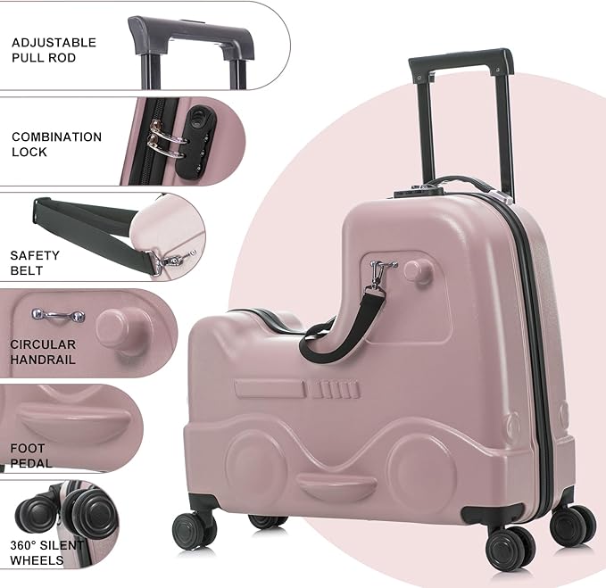 22 Inch Ride on Suitcase for Kids, Travel Luggage with Spinner Wheels for Child Travelling Stroller with Combination Lock/Safety Belt/Telescoping Handle (Pink)