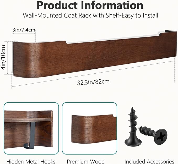 Coat Rack Wall Mount with Hidden Hooks Modern Key Holder Wood Entryway Hook with Shelf for Bedroom Kitchen Hallway Bathroom Designed for Hanging Coats Hats Bags Towel Dog Leashe(Walnut,8 Hooks)