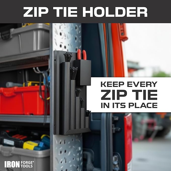 Iron Forge Tools Zip Tie Holder, Cable Tie Organizer for Enclosed Trailer Storage, Work Truck, Race Trailer & Garage Organization. Wall Mounted, Black Powder Coated Steel, Includes Mounting Hardware