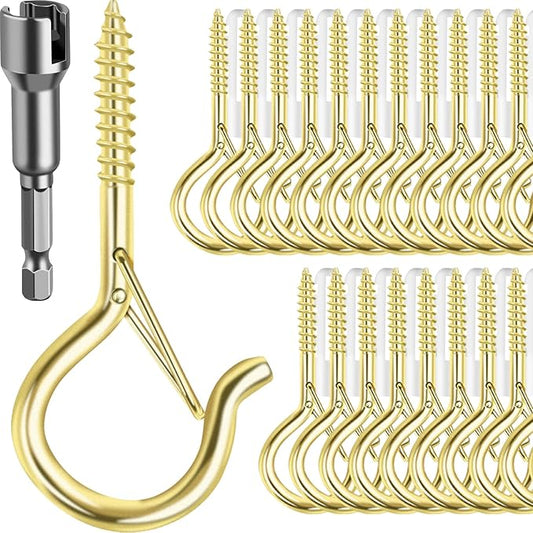 36 PCS Q-Hanger Hooks, Screw Hooks for Outdoor String Lights, Safety Buckle Design Cup Eye Hook for Hanging Christmas Lights, Plants, Mounted on Wall Ceiling, Include 1 Wing Nut Driver, Gold