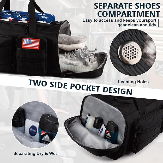 Tactical Gym Bag for Men，50L Large 3 in 1 Sports Duffle Bag with Shoes Compartment for Travel,Water Resistant Travel Backpack Weekender Overnight Bag with Wet Pocket for Women