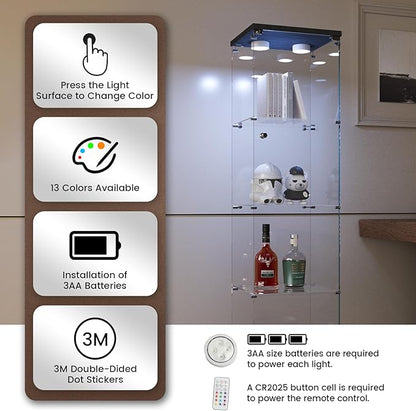 Beauty4U Glass Display Cabinet with Light, 4 Shelves, Curio Cabinets for Living Room, Bedroom, Office, Black Floor Standing Glass Bookshelf, Quick Installation