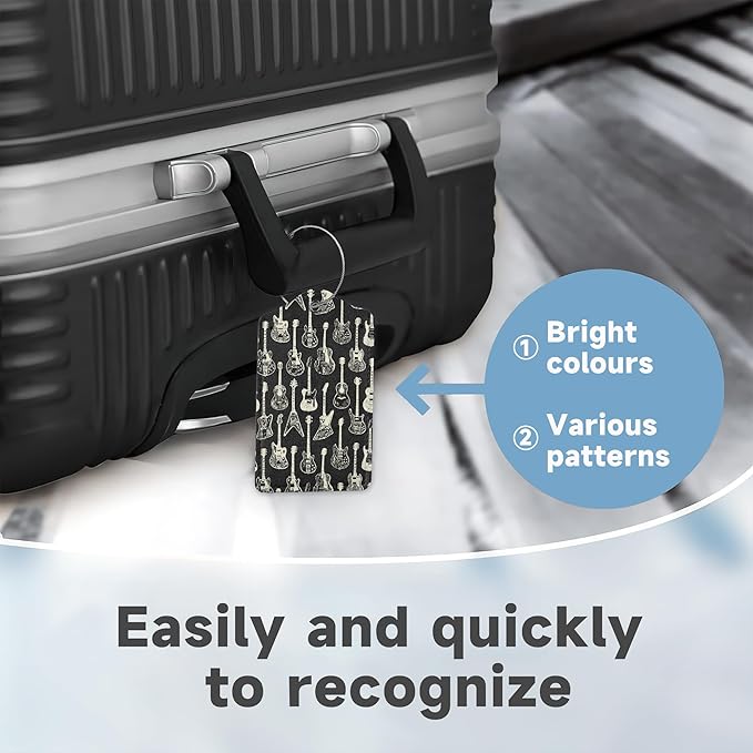 2 Pack Leather Luggage Tag for Suitcase Music Guitar Unique Travel Tags with Privacy Cover ID Label & Stainless Steel Loop for Men and Women Baggage
