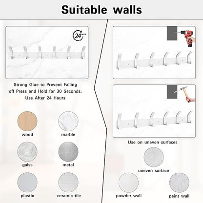 1 Pack Coat Rack Wall Mount,17.3 in Wall Hooks for Hanging, Coat Hanger Wall Mount Towel Rack Hat Rack for Wall with 6 Hooks for Entryway, Bedroom, Bathroom (White, 6 Hooks-1Pack)
