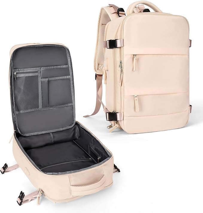 coowoz Large Casual Travel Backpack For Women Men,Carry On Rucksack Flight Approved,Hiking Waterproof Outdoor Sports Daypack Fit 15.6 Inch Laptop Shoes Compartment (Beige)