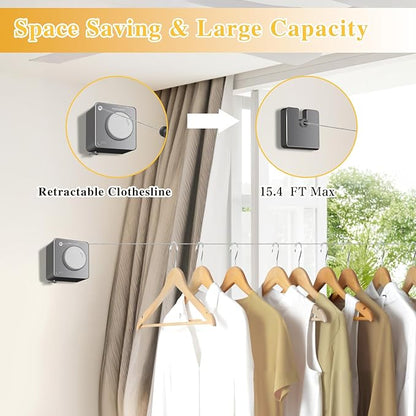 Retractable Clothesline Indoor, Non-Sagging Outdoor Clothes Line retracting,15.4 Ft Heavy-Duty Clothes Drying Laundry Line,Wall Mounted Stainless Steel Line (Gray)